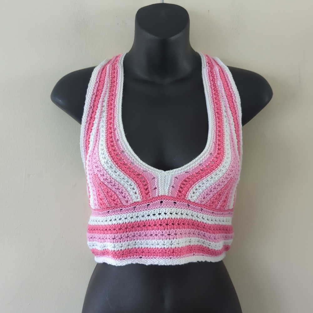 Hollister Ladies Sz XSmall Pink and White Striped Crop Top Boho Croch Colorful